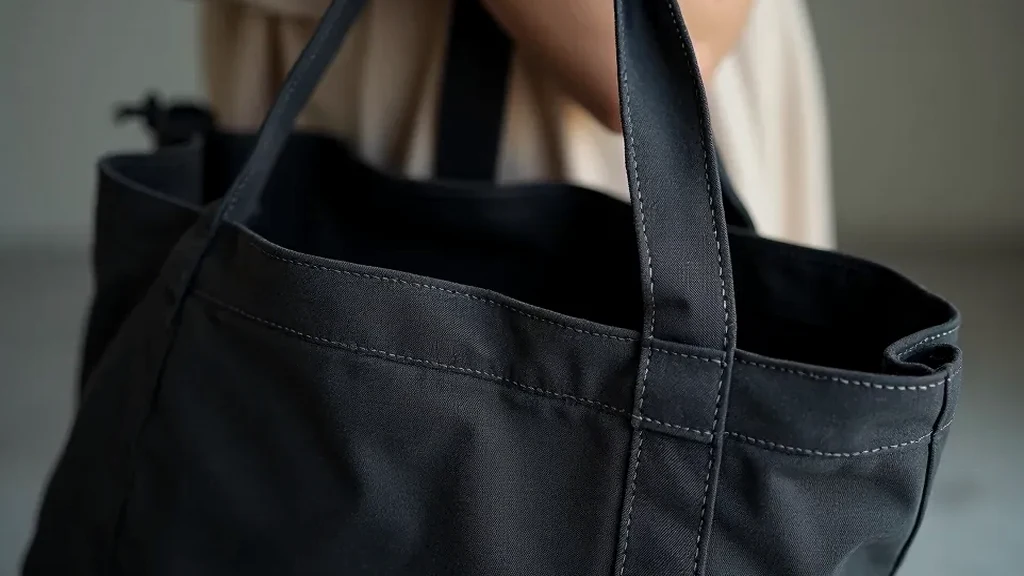 Detail shot of a charcoal tote bag's handles and stitching