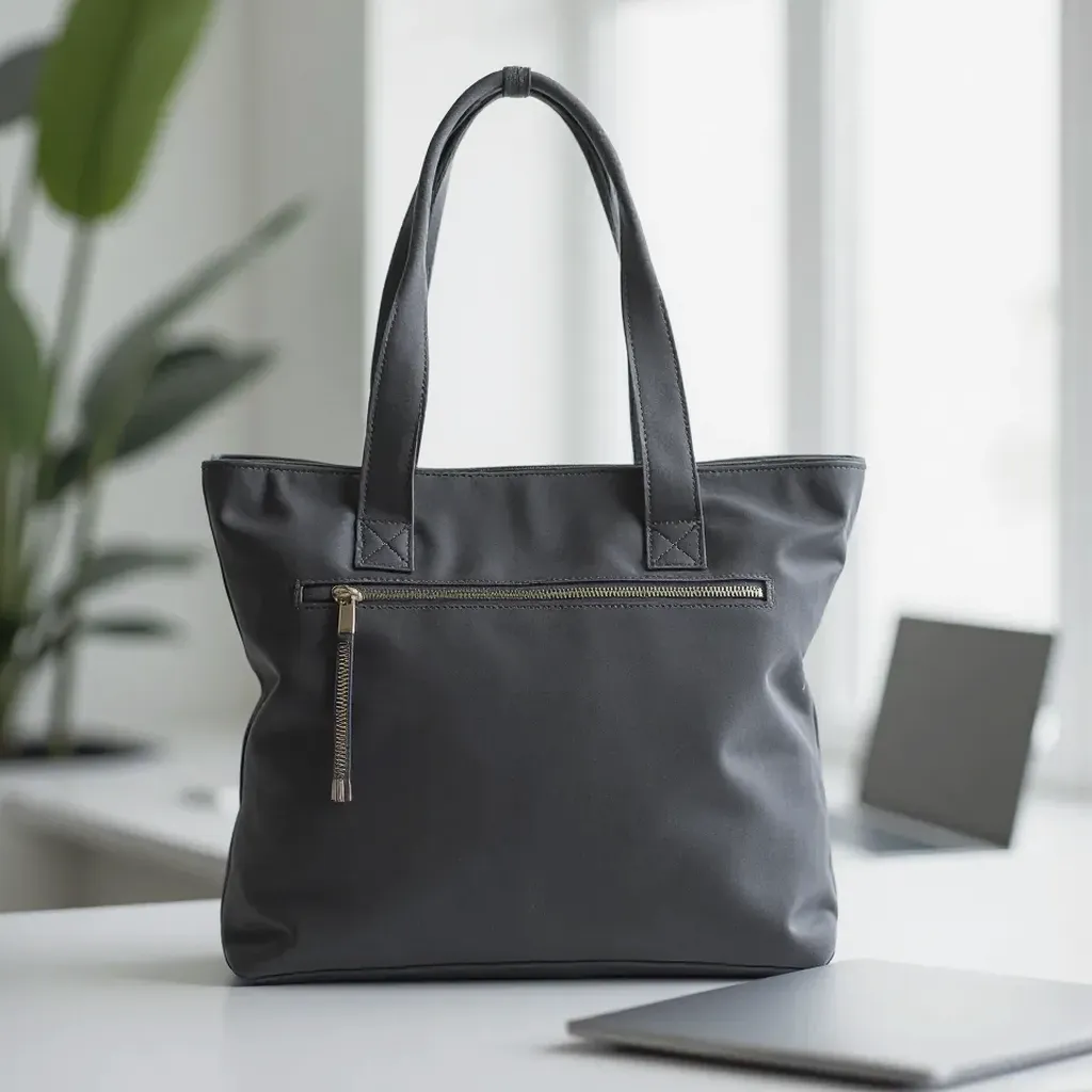 Urban Commute Tote on a modern desk beside a laptop and coffee cup, its roomy interior compartments and organizing pockets in use