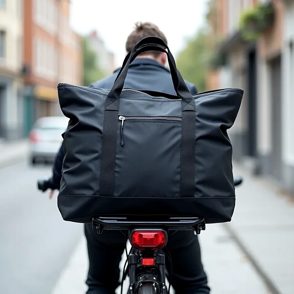Urban Commute Tote sitting in a bicycle cargo rack ready for the daily commute, shown in a real-world setting