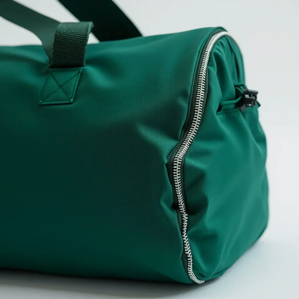 Close-up of the forest-green ripstop nylon texture, showing the reflective piping detail and quality stitching in product material photography