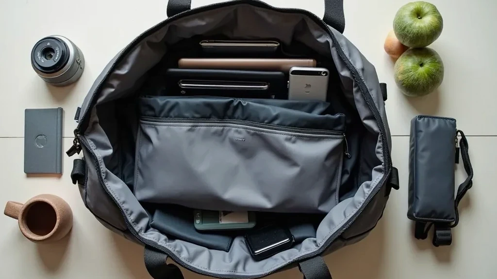 Open tote bag revealing a tidy laptop compartment and pockets