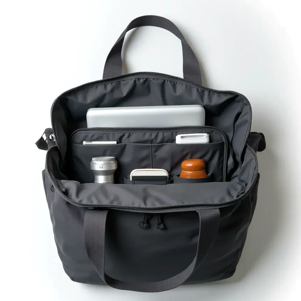Detailed flat-lay of the Urban Commute Tote with every compartment neatly arranged, including a laptop, documents, and daily essentials