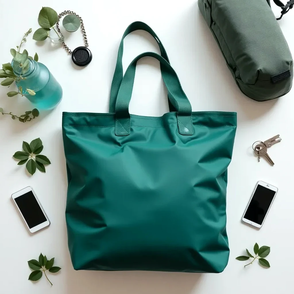 Flat-lay photo of the forest-green tote with its reflective details, cycling accessories, and city commute essentials arranged neatly