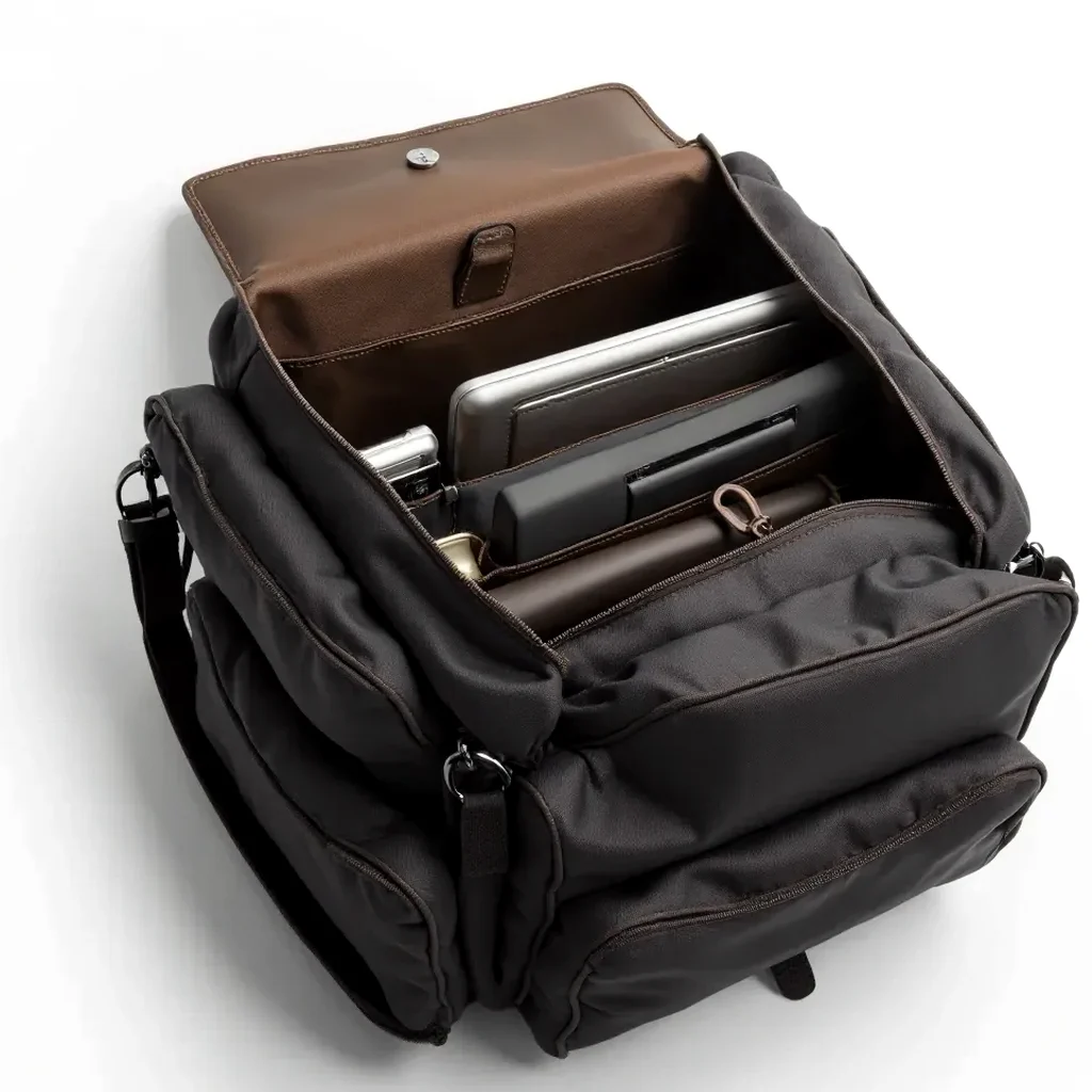 Messenger bag laid flat, revealing its interior compartments, padded laptop sleeve, tidy pockets, and firm canvas build with leather detailing