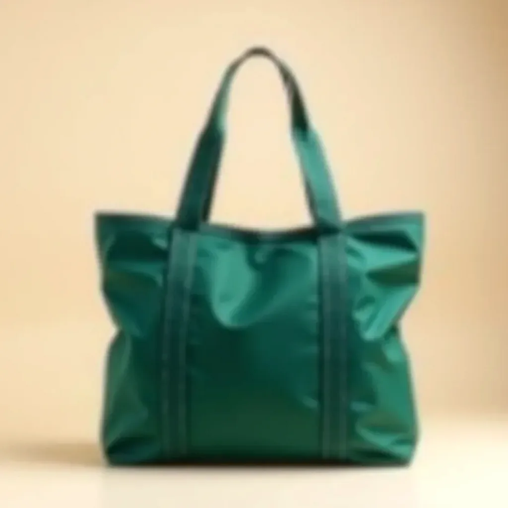 Forest-green lightweight tote bag with reflective piping and a structured base, photographed against a light beige backdrop in professional product photography