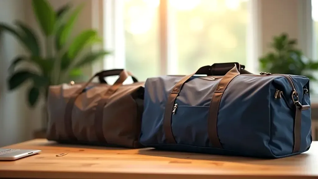 Contemporary desk setup featuring premium carry bags on a wooden surface, lit by soft morning light from a nearby window, crisp professional shot