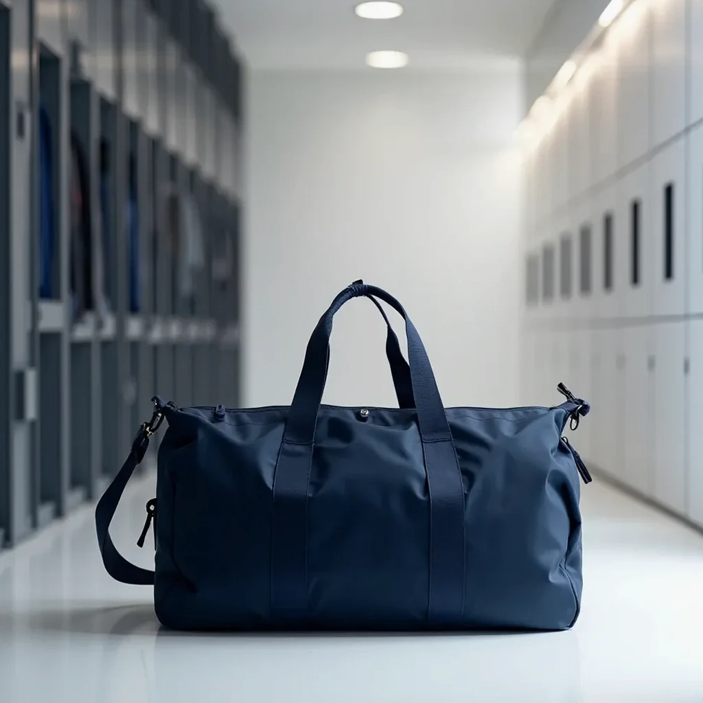 Lifestyle photo of the navy duffel set in a modern gym locker room with workout gear nearby, capturing its practical everyday use in an athletic setting