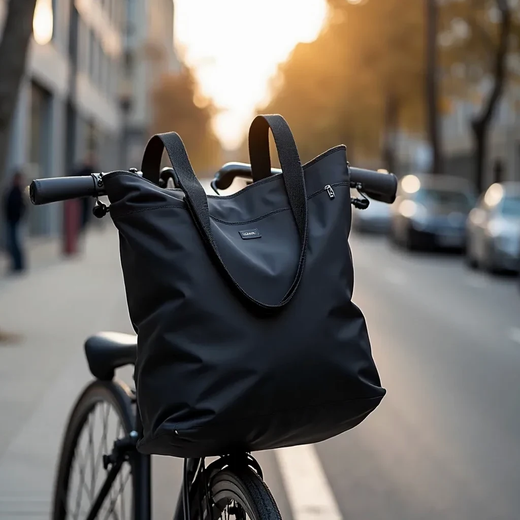 Professional lifestyle photo of the forest-green tote mounted on a bicycle rack in a city setting under morning sunlight