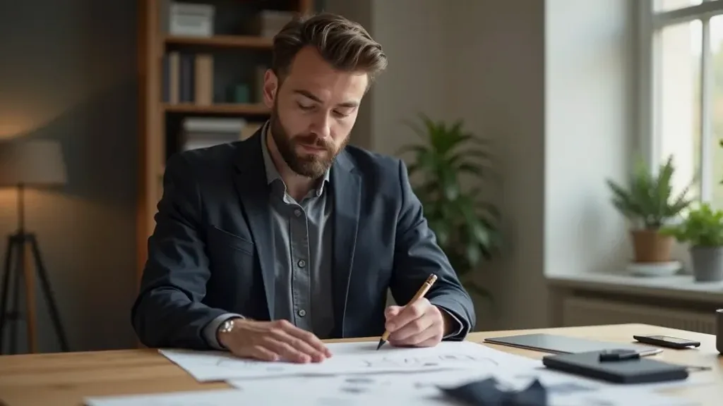 Martin Dvořák at his desk surrounded by design sketches and fabric samples, lit by bright daylight from the window in a modern office