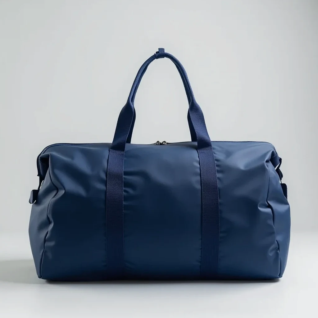 Navy blue duffel bag showing its wet-dry compartment, set against a light grey backdrop with the handles and strap on display in professional product photography