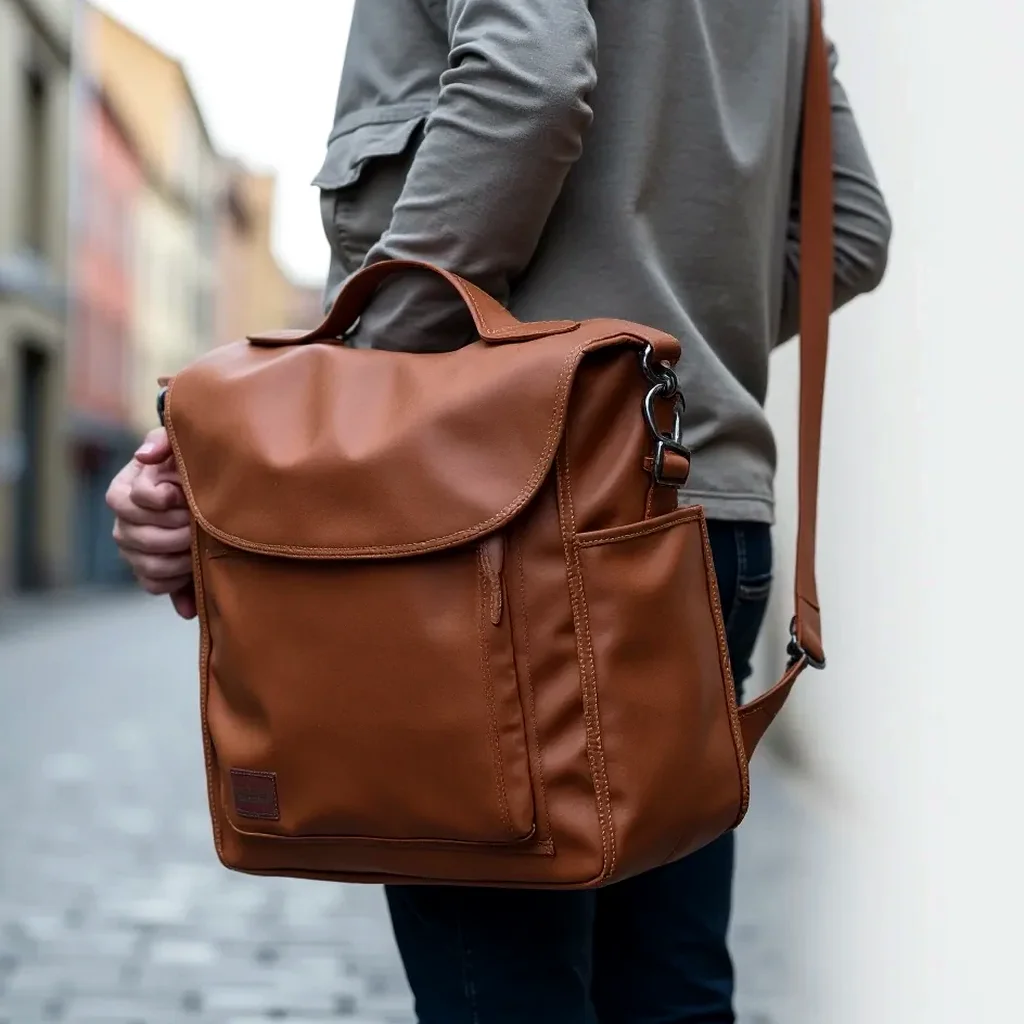 Person wearing the rust messenger bag across the body on a commute, showing its comfortable fit and tidy look on a city street