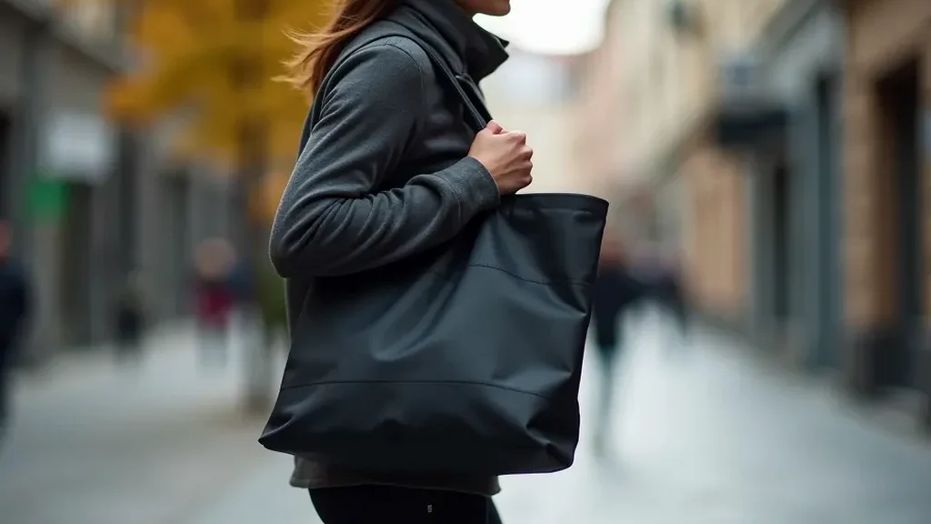 Commuter carrying a tote bag while traveling through city streets