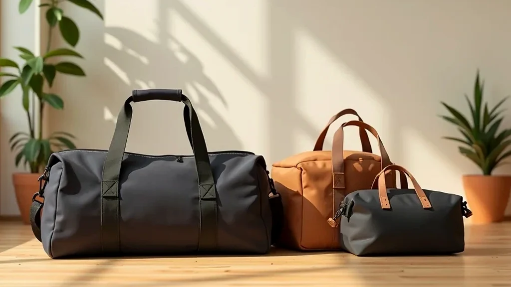 Lineup of hard-wearing tote bags and gym duffels in muted, neutral tones