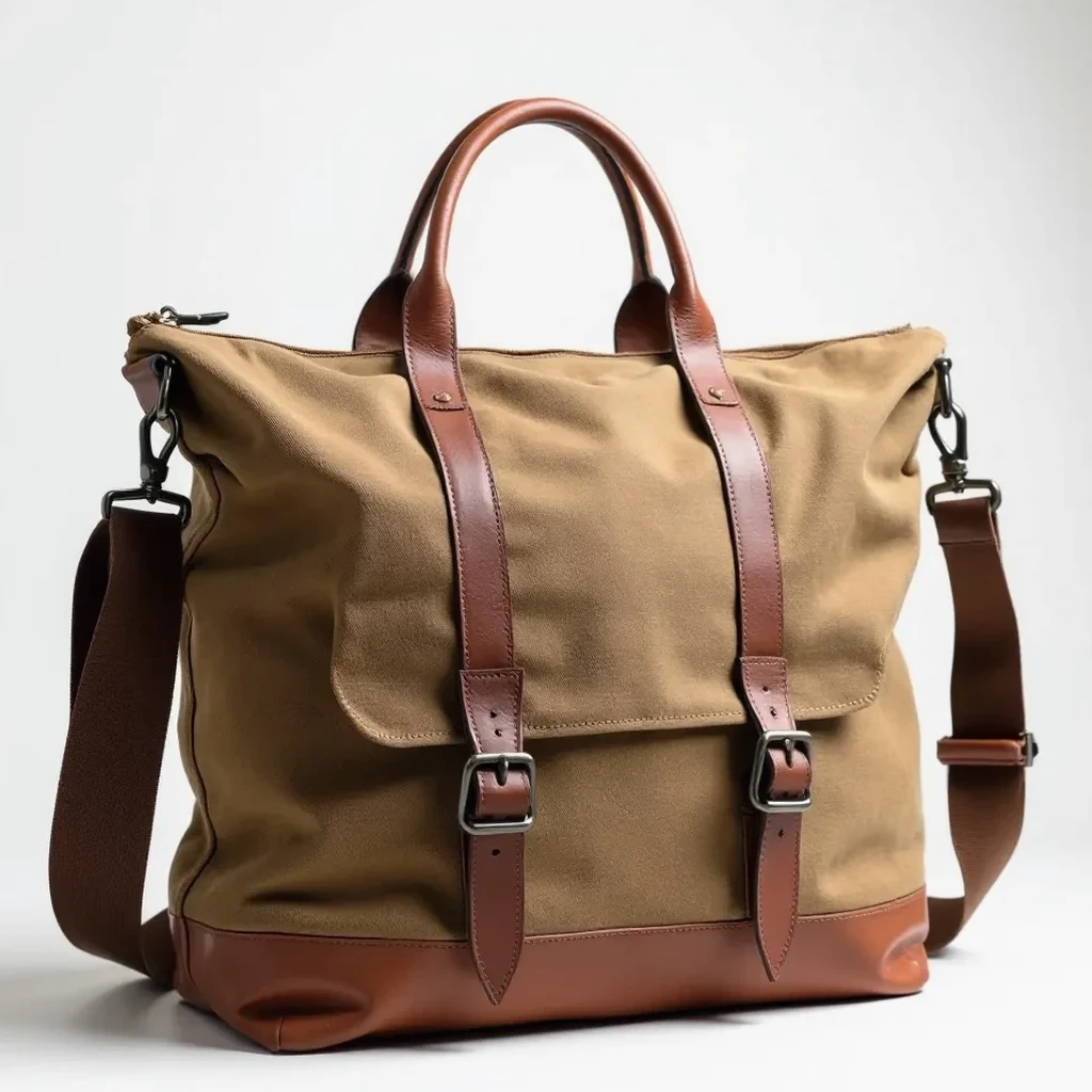 Well-worn messenger bag with a natural patina across the canvas and richly colored leather handles, showing the character earned from months of daily use