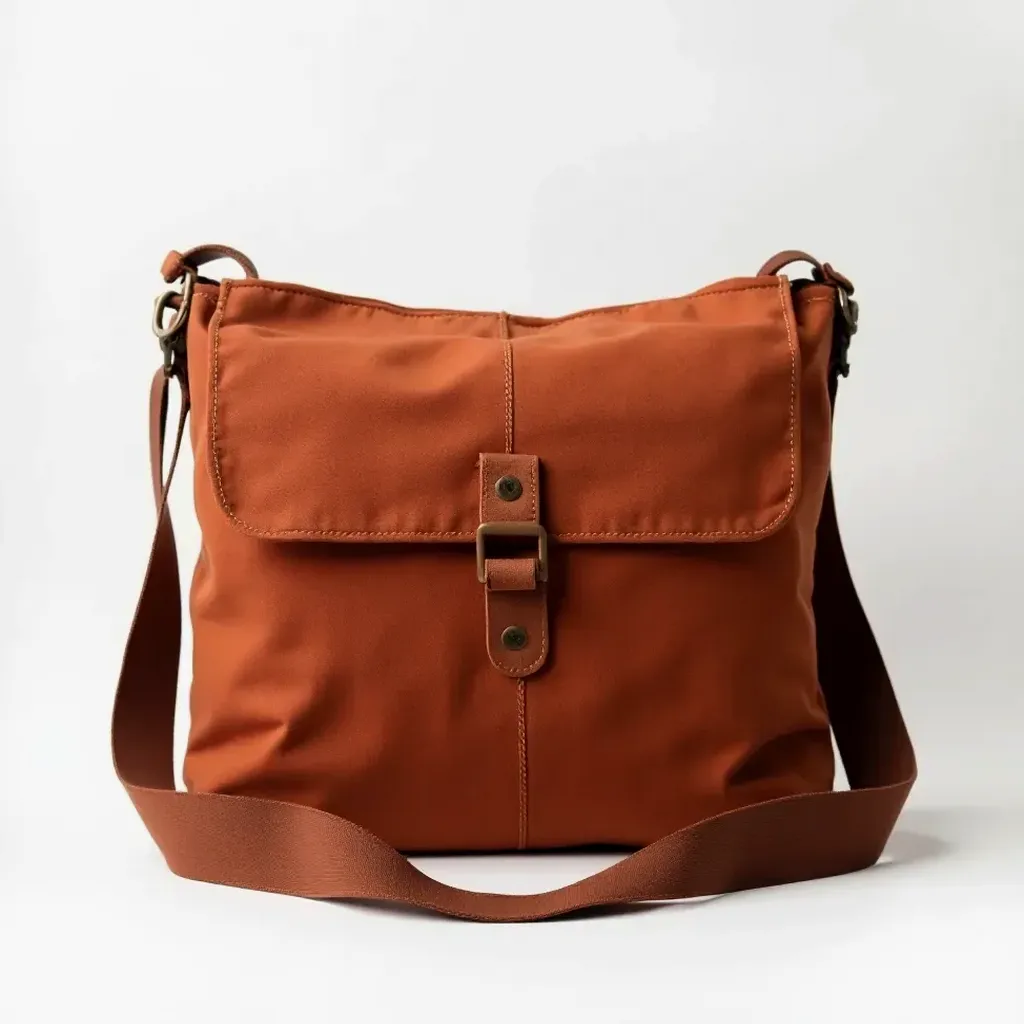 Rust-toned waxed canvas messenger bag finished with leather trim and a cross-body strap on a white backdrop, professional product photography with a vintage feel