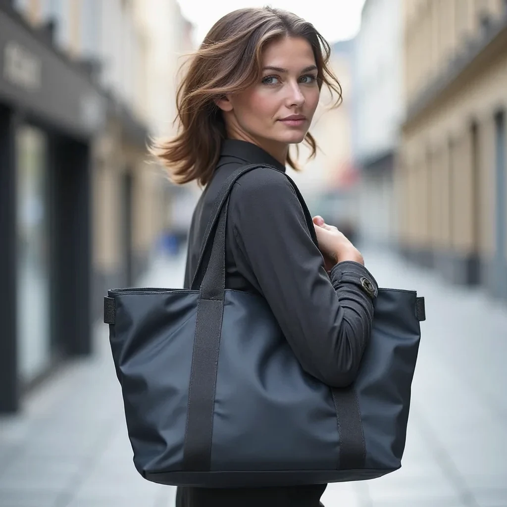 Person with the Urban Commute Tote over one shoulder walking down a city street, dressed professionally for the office commute