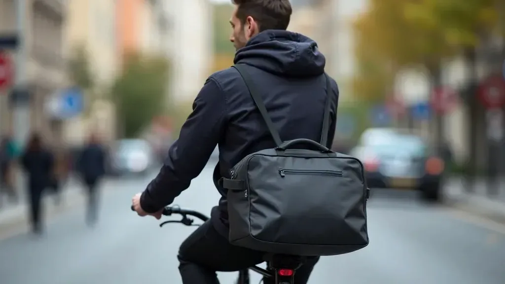 Cyclist carrying an urban commute tote through the city